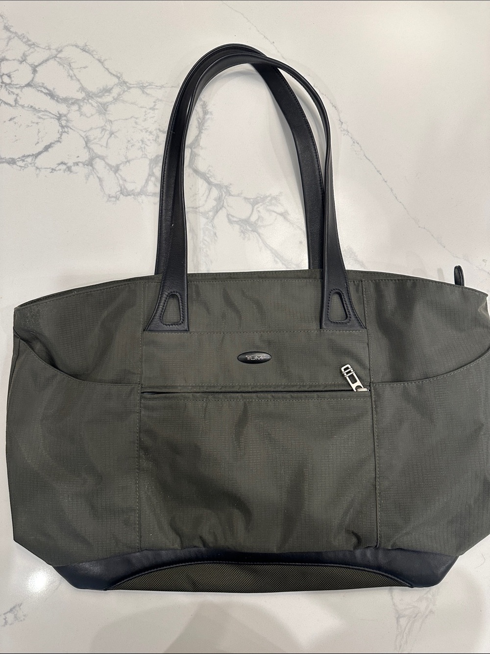 Tumi Olive Green Nylon Tote with Black Trim and Handles
